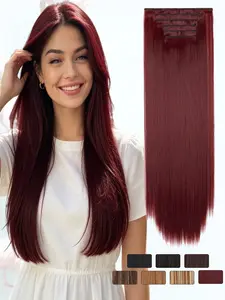 6 PCS Double Weft Straight Hair Extensions, 24" Soft Thick Clip-In Synthetic Hairpiece, Realistic Natural Texture, Quick Install Hair Thickening Accessories for Women All Occasions Wear
