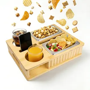 Couch Caddy - Bamboo Couch Console with Anti-Spill Cup Holder & Snack Tray | Sofa Organizer for Drinks, Phone & Remotes | Versatile Bed Snack Tray for Movie Nights