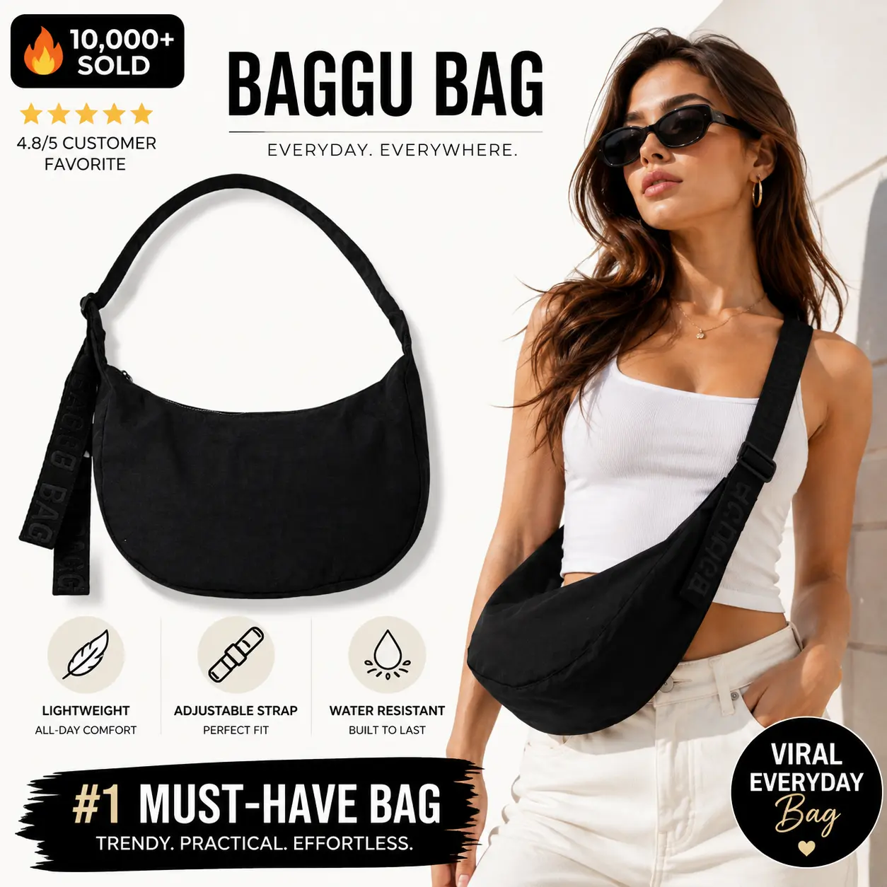 Baggu Bag - Stylish Black Crossbody Bag with Adjustable Strap for Everyday Use