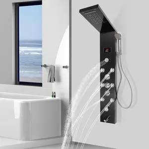 Shower Systems LED Shower Panel Hand Shower Panel Tower System Wall Mounted Showerheads With 8Jets Nozzles Bathrooms 6Function Waterfall Jets Faucet Anti-Drip Design For Home Hotels Resorts (Black)