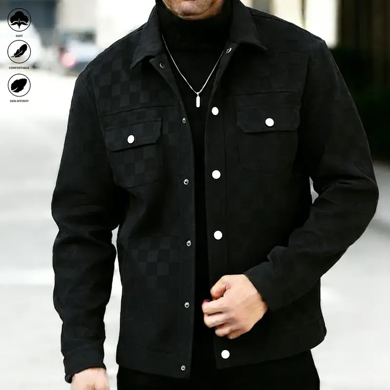 Men's New Straight-Fit Black Checkered Woven Faux Suede Jacket - Button Closure, Front Flap Pockets, Chic Fall Fashion Practical Outerwear