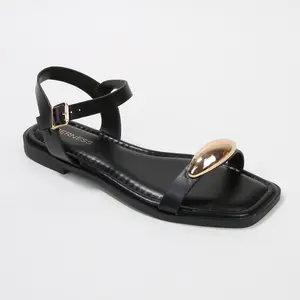 Women's Tristan Sculpted Buckle Strappy Metallic Casual Flat Sandals - Square Toe Shoe with Adjustable Fit, Comfortable Everyday Footwear for Versatile Use