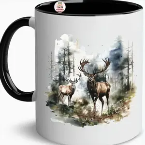 Vintage Deer Wilderness Scene Mug, Retro Buck And Doe Deer Graphic Coffee Mug, Hunter Cups, Hunting Gift Ideas for Men.