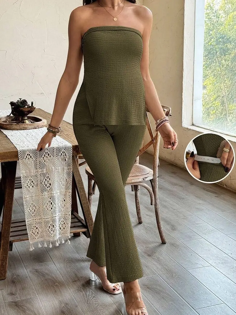 Maternity Tube Top and Adjustable Waist Flare Pants, 2-Piece Set for Trendy Pregnancy Outfits