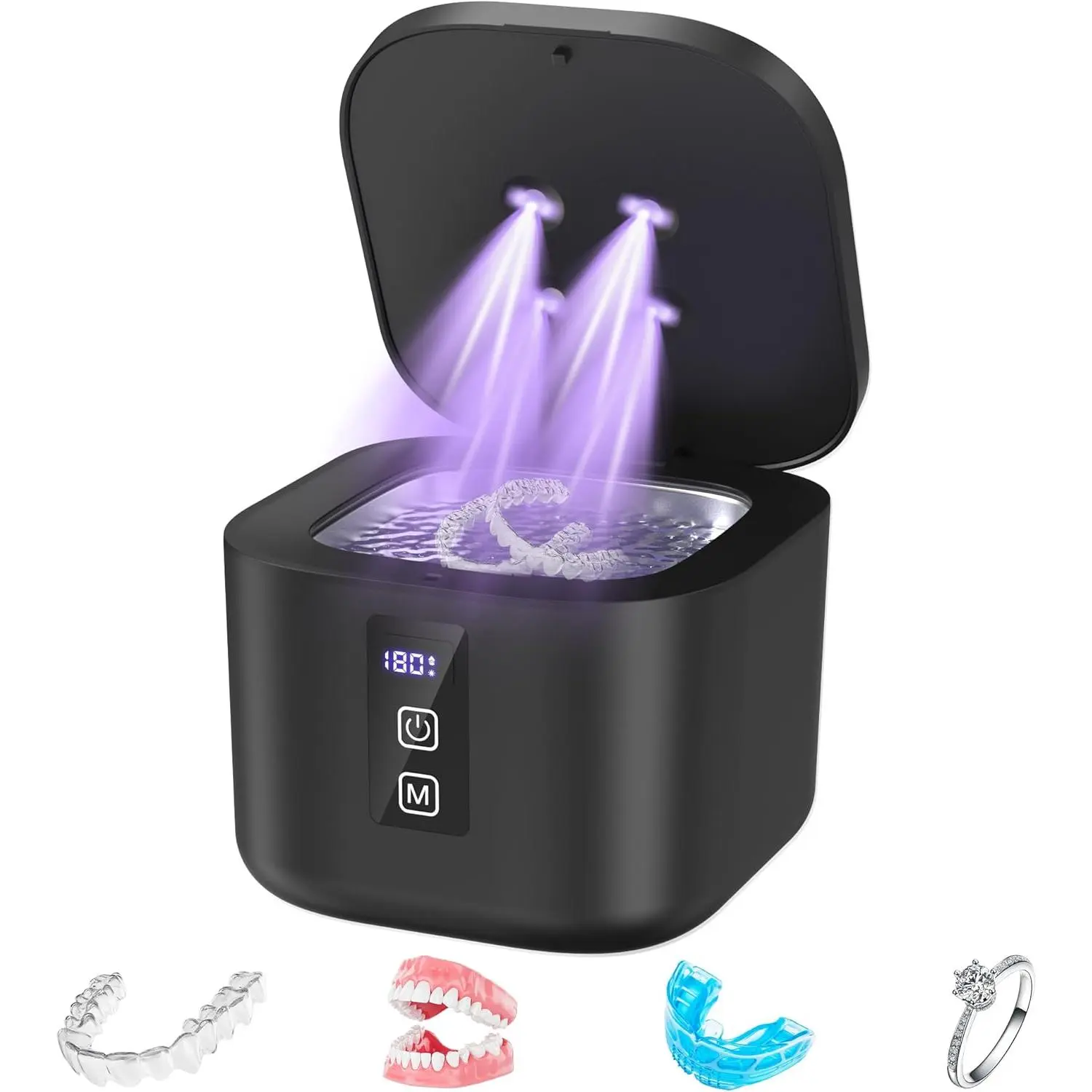 Lightweight Oral Care Ultrasonic Retainer Cleaner Machine - 48KHz 13oz Stainless Steel Pod with Digital Timer, 6 Modes, for Denture, Mouth Guard, Jewelry, Ideal Gift to Restore Freshness, Black