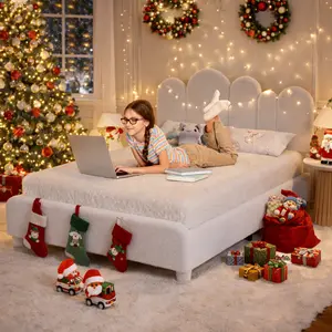 Naudacaa Twin/Full Bed Frame, Kids & Teens Bouclé Upholstered Platform Bed with Headboard, Rounded Corners, Cactus Design, Strong Wooden Slats, No Box Spring Needed