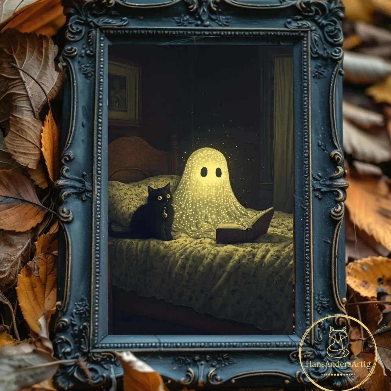 Halloween Poster, Cute Ghost Cat Reading Print, Fall Wall Art ,Whimsical Gift For Spooky Season Home Decor | Frameless Poster H