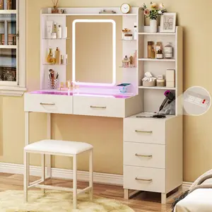 Vanity Desk with Mirror and LED Lights, 57.5" Makeup Vanity with Glass Top & Wireless Charging, Vanity with RGB Drawers, 3 Colors Light, Power Outlet Safety Switch for Bedroom, White