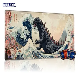 Dark Gray Godzilla & Churning Ocean Wave Hokusai Style MTG Playmat Non Slip Anime Mousepad 12x24inch Non-Slip, Ideal for TCG MTG Card Games, Family Gatherings, Gift for Enthusiasts