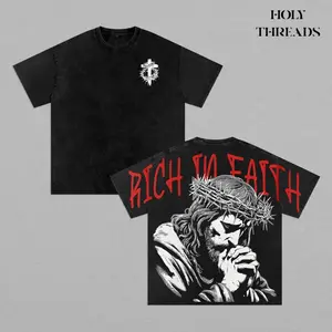 Holy Threads Rich In Faith - Jesus Pray T-Shirt Washed T-shirt Washed, Bible Verse Hoodie, Sweatshirts, Jesus Hoodie, Church Outfit Unisex Oversized Graphic Tee For Men and Women Aesthetic Clothes