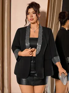 Plus Size Women's Fitted Rhinestone Collar Shimmer Blazer Jacket, Sexy American Party Style Chic, Evening Party, Eye-Catching Single Piece