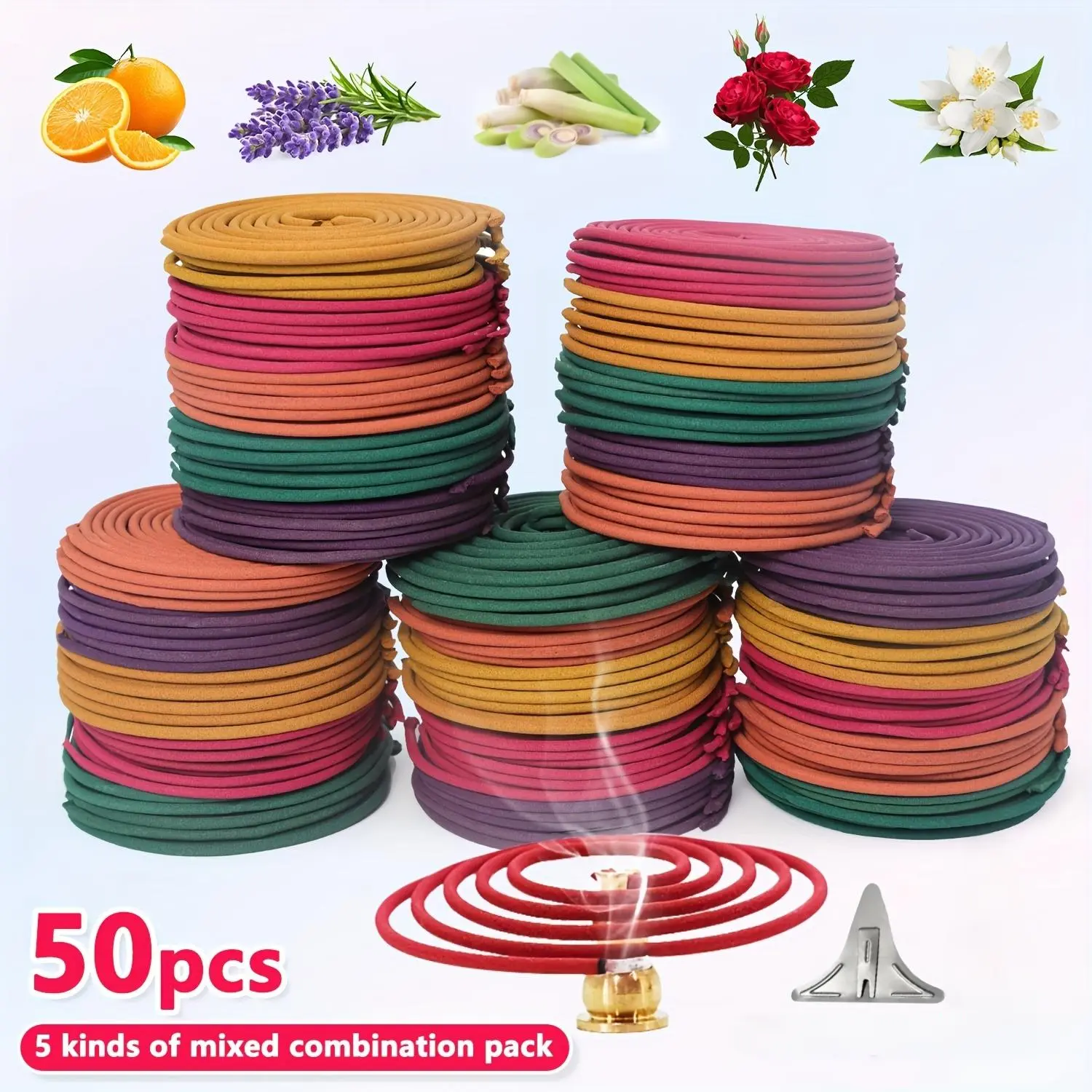 50PCS Mixed Scent Incense Coils Jasmine Lavender Sandalwood Agarwood Aromatherapy for Yoga Meditation Relaxation