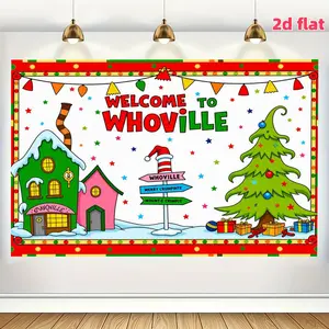2D flat 1pcWhoville Christmas Banner, Festive Holiday Backdrop for Indoor Outdoor Party DecorationsMerry Christmas!