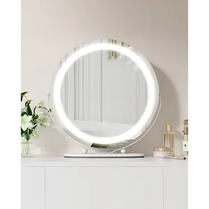 19-Inch Round LED Vanity Mirror – Dimmable 3-Color Lighting, Smart Touch Control, 360° Rotatable Aluminum Frame, Tabletop or Wall Mount, Makeup Mirror for Bathroom, Bedroom, Living Room,