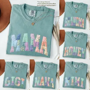 Comfort Colors Custom Faux Patchwork Mama T-Shirt, Personalized Grandma Nana Mimi Gigi Shirt, Cottagecore Aesthetic Gift for Women, Mothers Day Gift for Women, Family Name Shirt, Casual Everyday Wear, Light Green Color - AL
