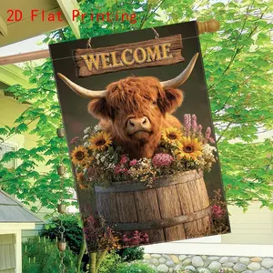 2D Flat Garden Flag Highland Cow Floral Bucket Welcome Tribute Party Outdoor Indoor Home Decoration, Suitable for home, garden, patio, porch ,Festival Party Decorations