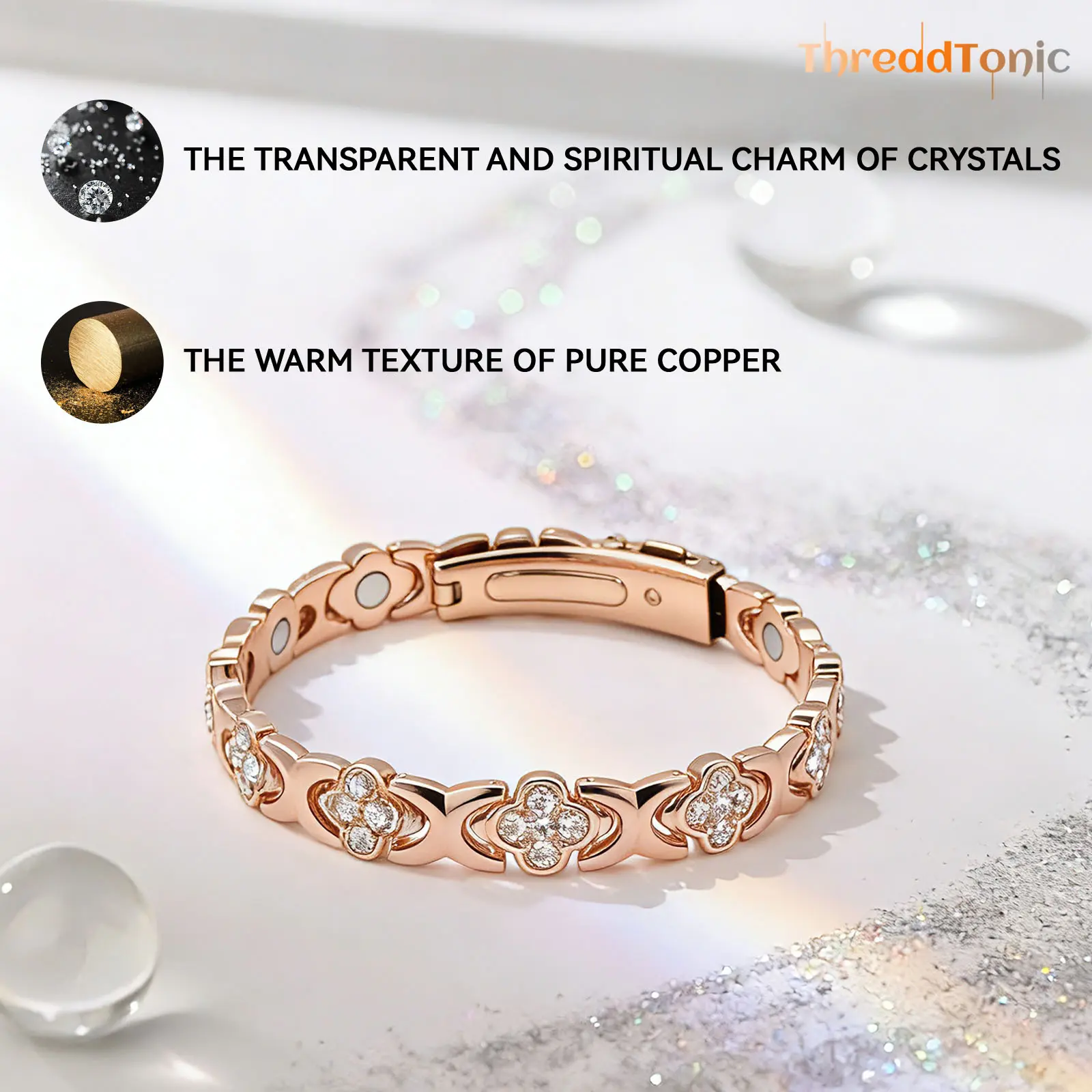 ThreadTonic Female Natural Geometric Pure Copper Magnetic Metal Bracelet - 3500 Gauss Magnets, Rhinestone Bangle Bracelet for Daily Wear & Outdoor Activities, TikTok Shop Spring Accessory