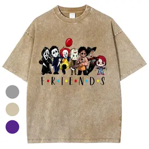 Horror Movie Friends Washed T-Shirt, Women's Graphic Tees, Unisex Fit Soft Breathable Casual Top, Fashion Streetwear, Outfits For All Seasons