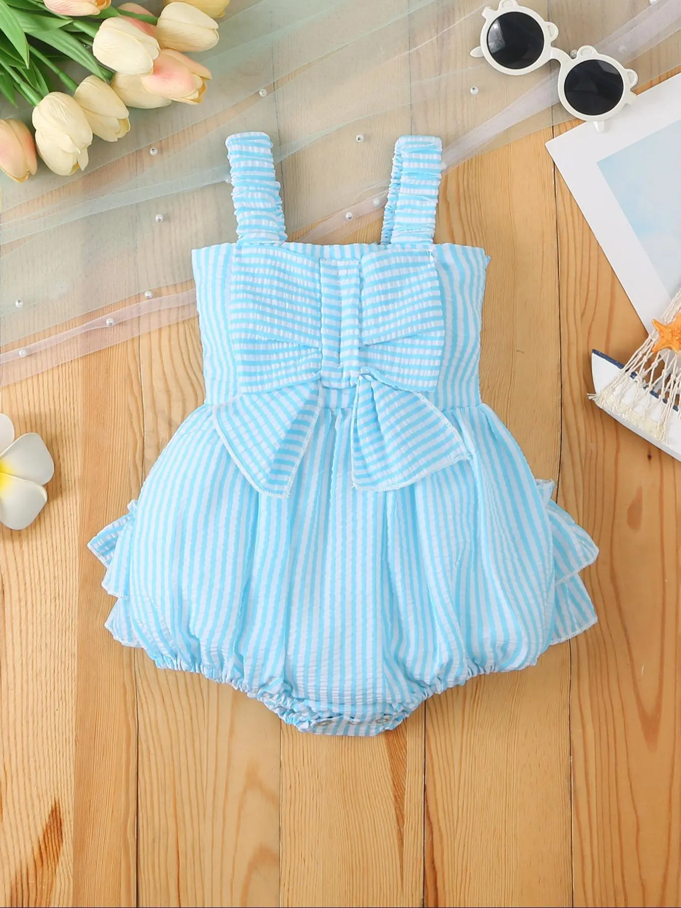 Baby Girl's Striped Print Bow Decor Bodysuit, Cute Sleeveless Onesies Bodysuit for Baby Girls, Newborn Infant Kids Summer Clothes, Baby Clothing