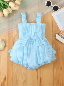 Baby Girl's Striped Print Bow Decor Bodysuit, Cute Sleeveless Bodysuit for Baby Girls, Newborn Infant Kids Summer Clothes, Stripes Print Bodysuit, Baby Clothing