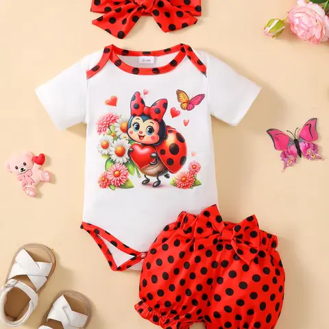 0-18 Months Baby Girls' 3Pcs Baby Clothing Set - Crew Neck Letter Ruffle Sleeve Romper, Sunflower Ladybug Print Polka Dot Shorts, Matching Headband, Summer Newborn Gift Set Yellow YMX1912924