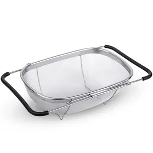 Alpine Cuisine Stainless Steel Over the Sink Colander 14x9.5 In with Expandable Handle Food Preparation | Space-Saving Kitchen Tools for Pasta Vegetables Fruits Cooking | Easy to Clean & Use