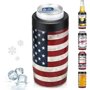 4-in-1 Double Walled Stainless Steel Insulated Slim Can Cooler, Insulated Beer Can Holder Fits All 12 Oz Cans, Bottles, Can Also Be Used As A Pint Cup - America Flag
