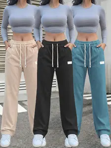 3-pack women’s corduroy wide-leg pants with elastic waistband and drawstring, casual long pants suitable for yoga, fitness, and indoor/outdoor wear.