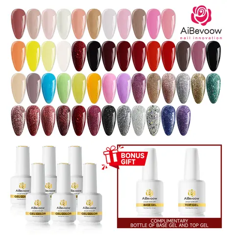AiBevoow 15ml UV Gel Polish Multi-Pack - 6-Color Nail Art Kit with Base & Top Coat, Nail Care Manicure Set (Glitter, Pink, Red, Blue, Purple, Brown, Yellow, Green, Black, White) for Adults, Gifts That Works with UV/LED Lamps at Home