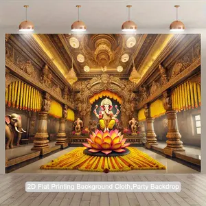 2D Flat, 1pc Indian Temple Backdrop Tapestry - Golden Temple with Lord Krishna Statue, for Birthday, Wedding, Diwali, Photo Studio - Indoor/Outdoor Party Decoration - No Electricity Needed - Durable Polyester Fabric Banner, Indian Party Decorations,