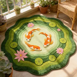 Modern Creative Lotus Koi Pattern Carpet, Floral Area Rug, Foldable Easy Care Plush Rug for Living Room Bedroom, Fashion Harajuku Style, Decorative Rug, Soft Area Rug