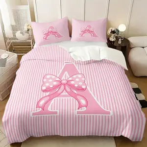2/3Pcs Pink Stripe Polka Dot Bow Monogram Letter A-Z Duvet Cover Set, Cute Girly Princess Comforter Cover, Coquette Preppy Bedding Set with Pillowcases, No Filler, For Teen Girls Women Bedroom Dorm Apartment Decor
