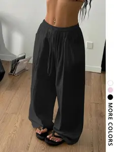 Women's Belted Linen Pants for Spring & Summer, Casual Beach Style, Perfect for Travel & Camping, Elegant Fit for All Ages, Breathable, Lightweight
