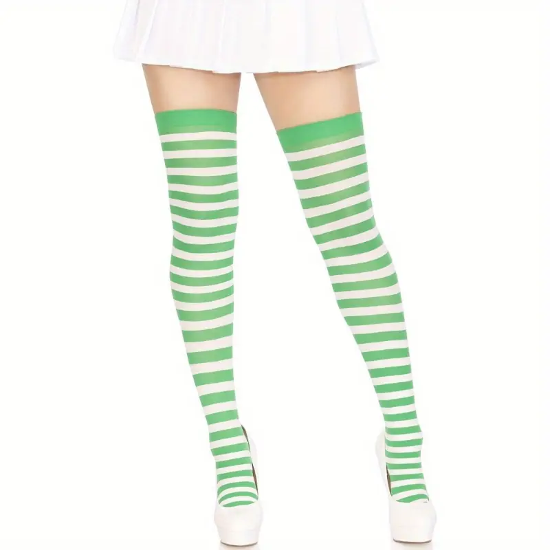 Women's Thigh High Socks, Black and White Striped Polyester Over-the-Knee Stockings for Christmas, New Year & Holiday Costumes, Lady, Am417378, No Feathers