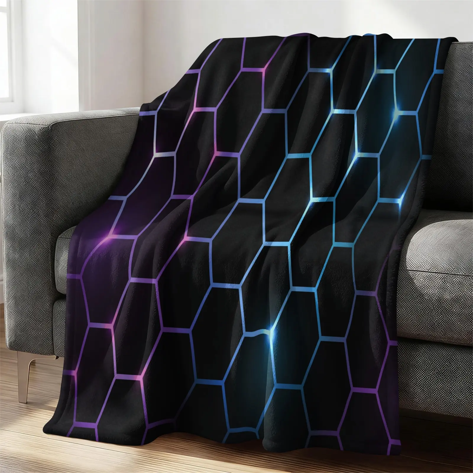 Neon Hexagon Flannel Blanket, Throw Blanket, Warm Blanket, Soft Cozy HD Print, Ideal for Couch, Bed, Gaming Room, Gift Blanket for Modern & Tech Lovers