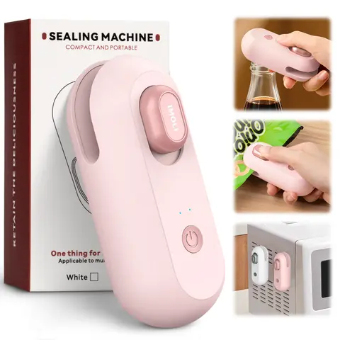 IMOLI Portable Wireless 3-in-1 Rechargeable Kitchen Food Sealer - Handheld Vacuum Sealer with Automatic Bag Sealing, USB Charging, Built-in Cutter, Bottle Opener, USB Cable, 100 g, 11 x 7 x 5 cm Mini Cordless Camping Appliance