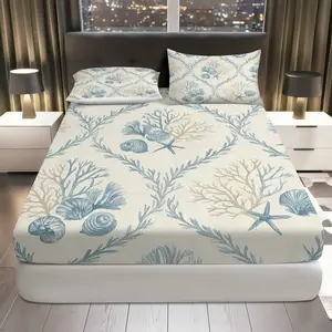 3Pcs Nautical Ocean Coral Fitted Sheet Three Piece Set (1*Fitted Sheet+2*Pillowcases, Coreless), Coastal theme, Seashell Bedding Set, Mattress protector Soft, Breathable