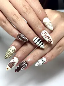Hand-Painted Deer & Piano Press On Nails, Music Note Nail Art with Gold Details, Handmade Reusable Almond Fake Nails for Women