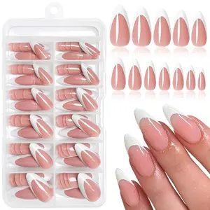 120pc White French Tip Press on Nails Medium Fake Nails Press ons &Adhesive Tab, False Acrylic Nail Press on Nail Almond Nail Tips Artificial Glue on Nails Fingernail Stick Nails