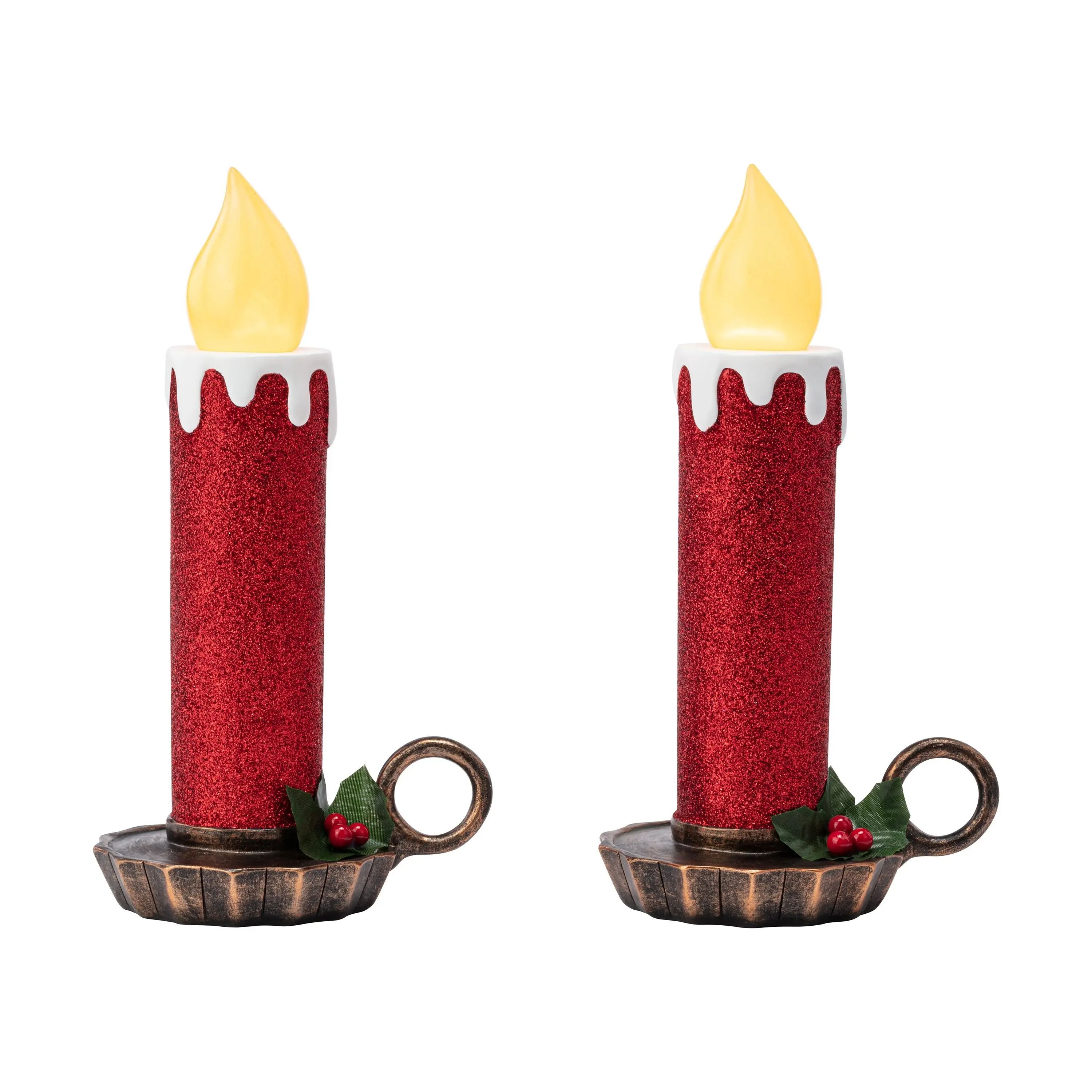 Battery Operated Flickering LED Resin Glittery Red Candle Lights, 10in Set of 2 with Timer, 4in Deep Led Glow Christmas Holiday Decor for Home Festive Supplies
