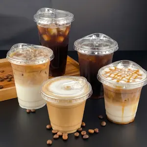 50 Pcs Clear Disposable Plastic Cups with Flat Lids - 10oz/12oz/14oz/16oz Flat Bottom Cold Drink Cups (No Straws) for Iced Coffee, Smoothies - Ideal for Parties, Catering