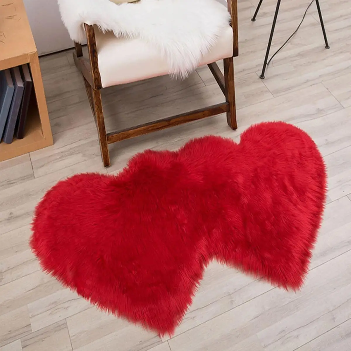 Household Fluffy Shaggy Rug, 1 Count Soft Anti-slip Double Heart Design Home Christmas Decor Carpet, Plush Mat for Indoor Living Room Bedroom