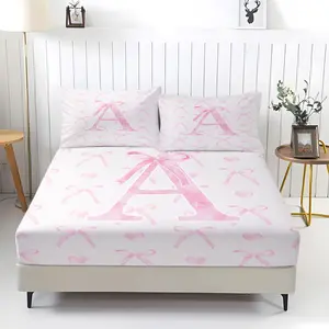 3 Piecespink Bow Heart Bed Sheet Set, Soft Digital Printed Girls Fitted Sheet Set, Cute and Beautiful Bedding Sets, Breathable and Durable Bedroom Decorations