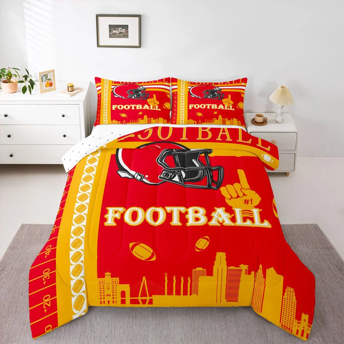 Feelyou Kansas Red Yellow Rugby Sports Bedding Set - Comforter Duvet Bed Set, Ideal Gift for Football City Enthusiasts, Bed Sets