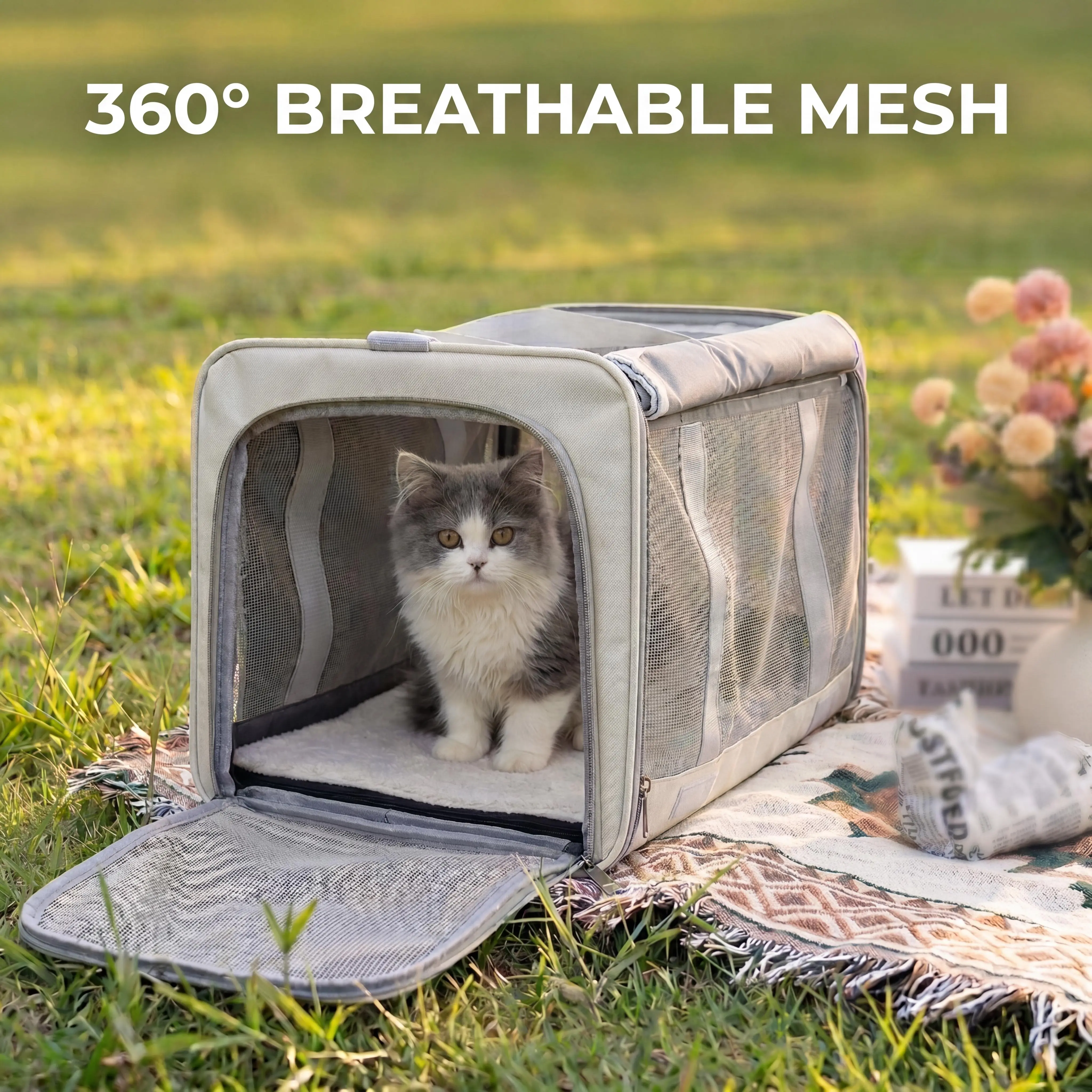 18.1in Large Fabric Cat Carrier Backpack for Big Cats, Gray Foldable Pet Travel Carrier with Mesh Ventilation, Privacy Curtains, Lockable Zipper, Safety Tether, Adjustable Shoulder Strap, Calmer Space & Easy Cleaning