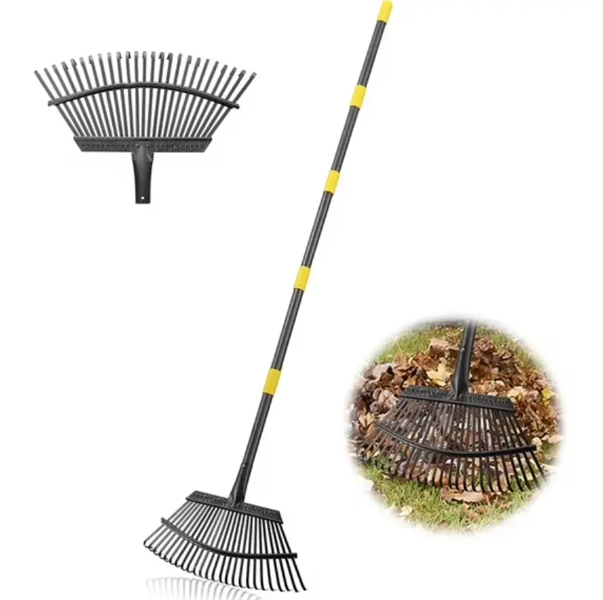 Adjustable Leaf Rake with 25 Tines Metal Head and Alloy Steel Handle 18 in Width Yellow 60 in Height Garden Tool