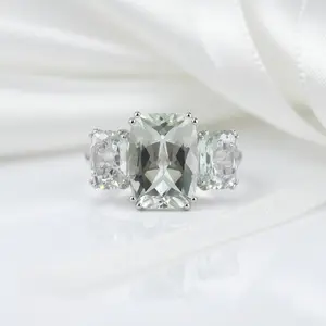 Three-stone Cushion Cut Green Amethyst Engagement Ring