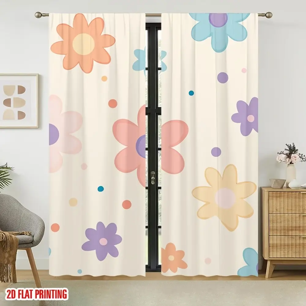 2pcs Pastel Flower Curtains for Kids' Bedroom, Rod Pocket Drapes for Living Room, Cute Print for Playful Home Spaces, Curtains Floral