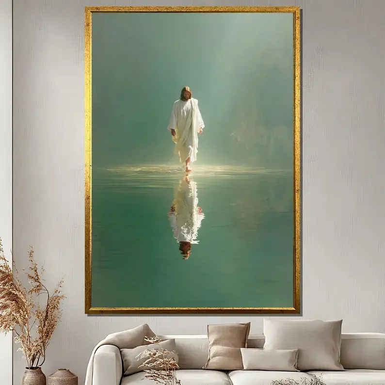 Retro Jesus Walking on Water Canvas Painting - Artistic Eco-Friendly Cotton Print Matte Minimalist Artwork, Inspirational Christian Wall Decoration, Ready-to-Hang Faith Room Decoration, Spiritual Bible-Themed Gift for Kid Room, Christian Faith