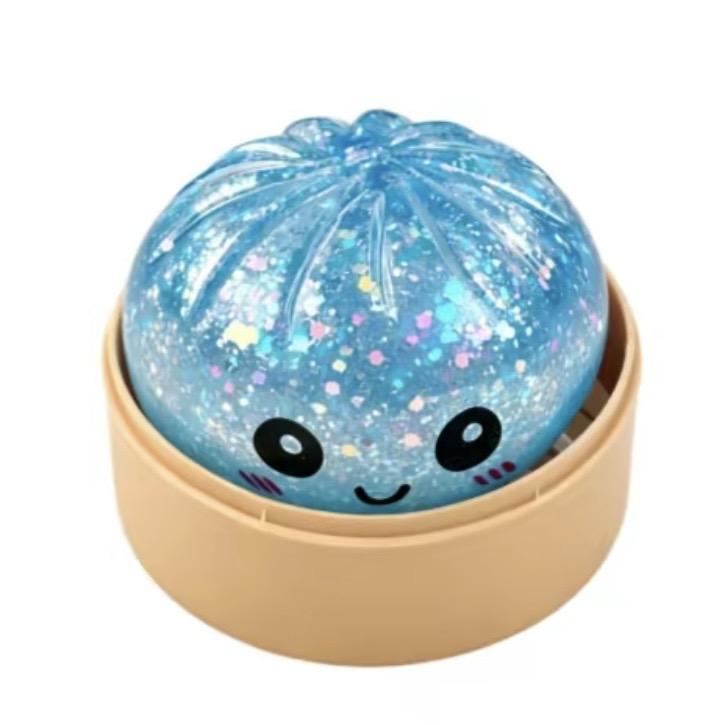 Glitter Smiling Dumpling Squishy with Steamer Box – Maltose Texture Soft TPR Fidget Toy for Kids & Adults, Cute Emoji Squeeze Ball, Ideal for Stress Relief & Gifting